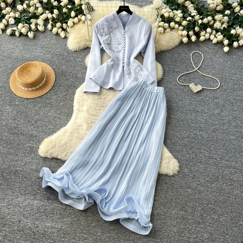 Ensemble 2 Pièces Jupes et Manteau Plissé pour Femme, Tenue de Fête Musulmane, Ensemble Brodé pour Ramadan, Veste Brodée Maroc Dubaï, Tenues Aïd