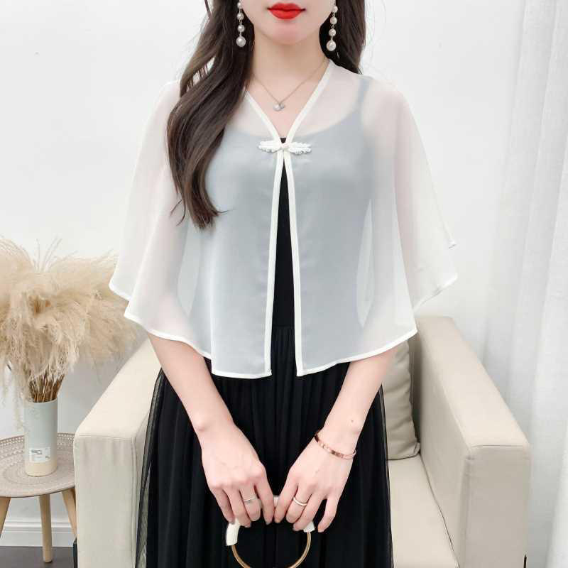Petite écharpe en mousseline de soie pour femmes, robe d'été, coupe ample, gilet court, léger, Protection solaire, veste Cardigan, vêtements d'extérieur polyvalents