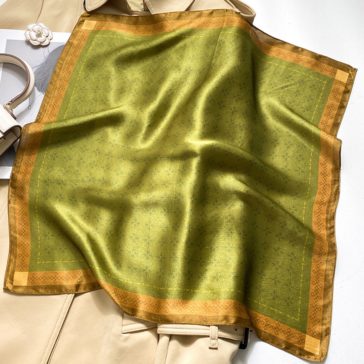 Foulard carré imprimé vert foncé, motif Floral uni, foulard Simple en Imitation soie, Bandana élégant pour femmes, foulard de tête