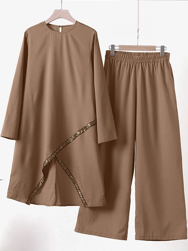 Ensemble deux pièces musulman pour femmes, chemise à manches longues, chemise à col rond, pantalon à jambes larges, décontracté, luxe, printemps et automne
