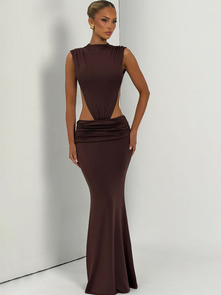 Robe longue moulante élégante Articat sans manches avec patchwork pour femme, sexy, dos nu, couleur unie, pour soirée, club ou soirée