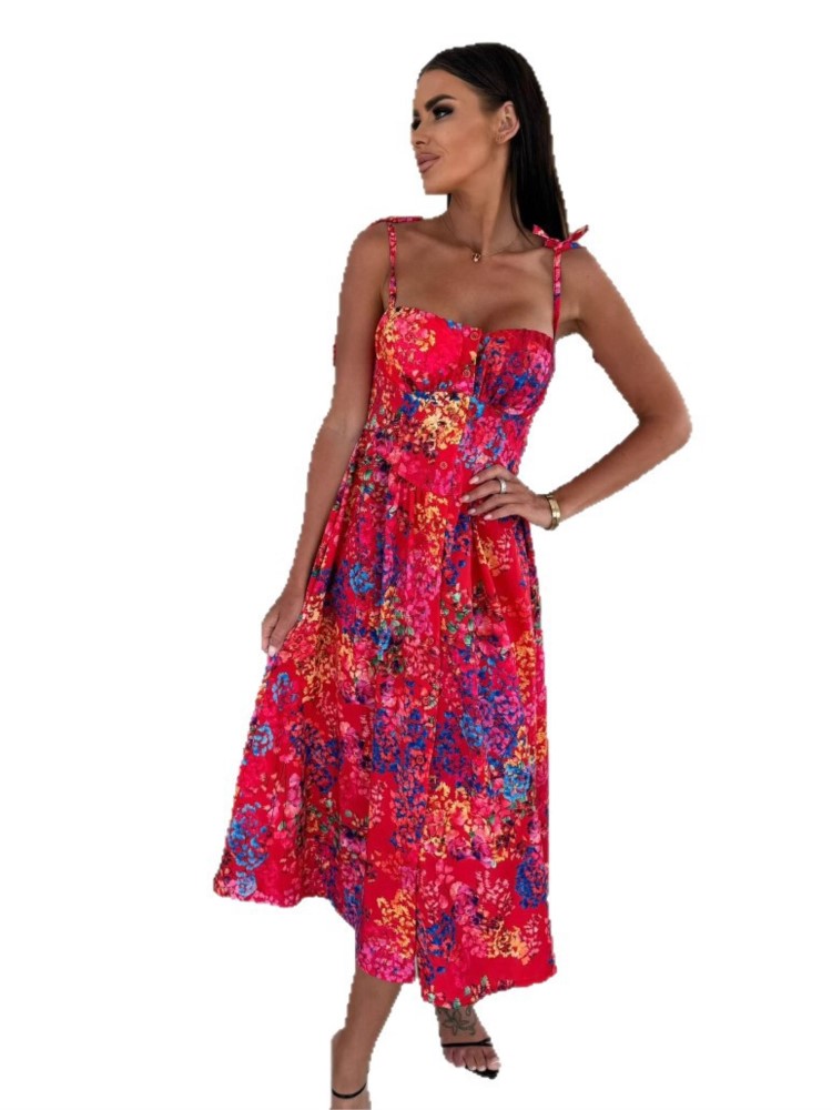 Robe élégante à la mode pour femmes, nouveau Style d'été, coussin de poitrine autonome, bretelles imprimées, près de la taille, robe à simple boutonnage