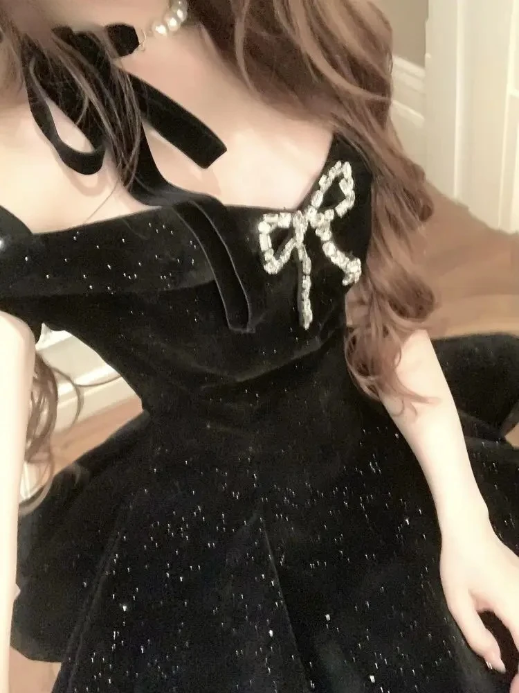 Robe de soirée noire gothique pour femmes, épaules dénudées, Vintage américain Y2k, Mini robe de bureau, tenues d'anniversaire coréennes