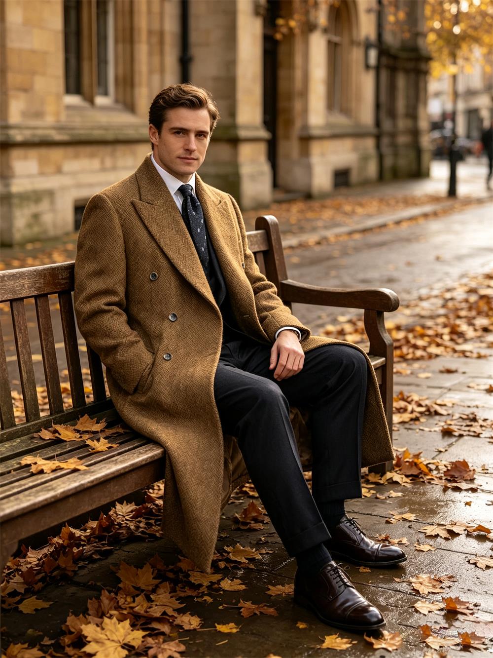 Manteau long homme classique en chevron rétro pour l'hiver et l'automne, mélange de laine, style simple, coupe ajustée, manteau polyvalent pour les loisirs et les affaires