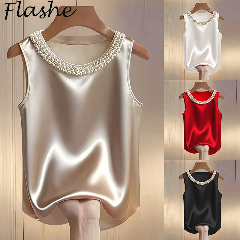 Chemise élégante en satin pour femme, Blouse en soie à motif perlé pour l'été, T-shirts pour femme, Gilet ample tendance pour femme, Débardeurs pour femme, Tee-shirt tendance pour femme