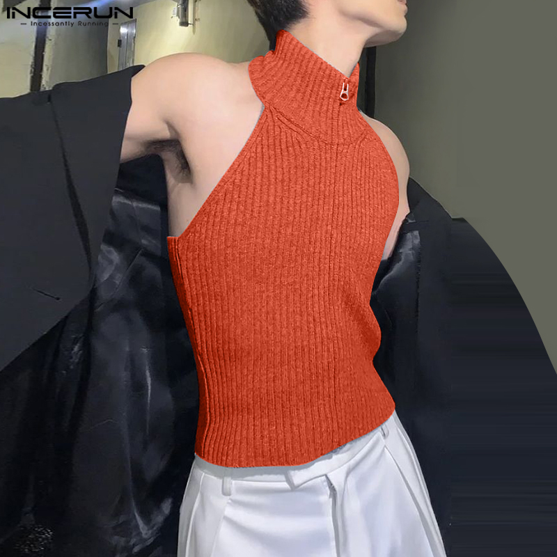 INCERUN hauts 2025 Style coréen mode hommes tricoté Texture col suspendu Design gilets décontracté Streetwear solide fermeture éclair débardeurs