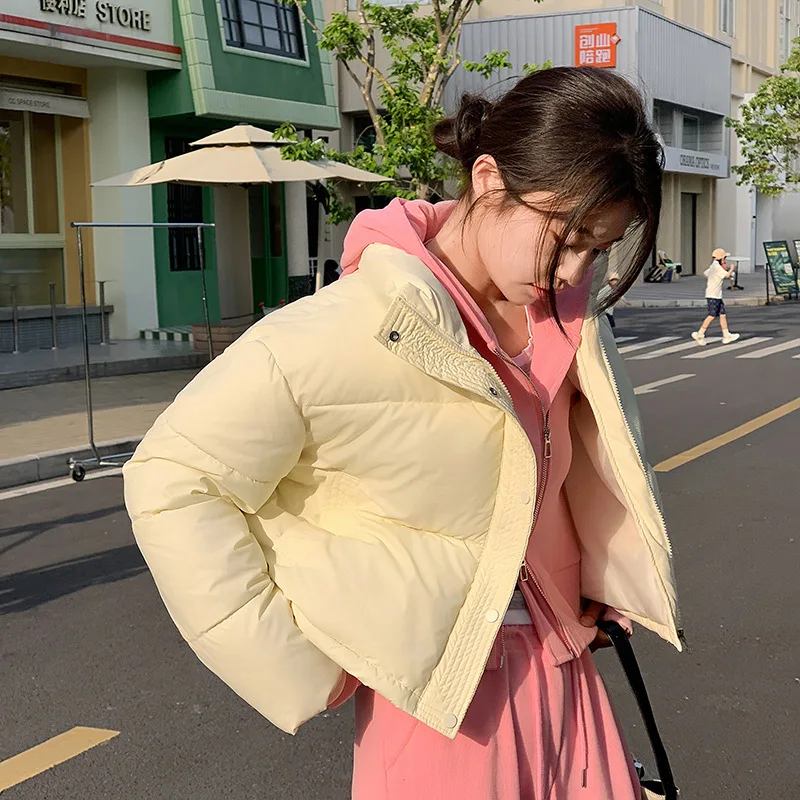 Veste courte d'hiver pour femmes, vêtements chauds, bouffants courts, légers et chics, col montant, veste rembourrée en coton pour étudiantes, nouvelle collection
