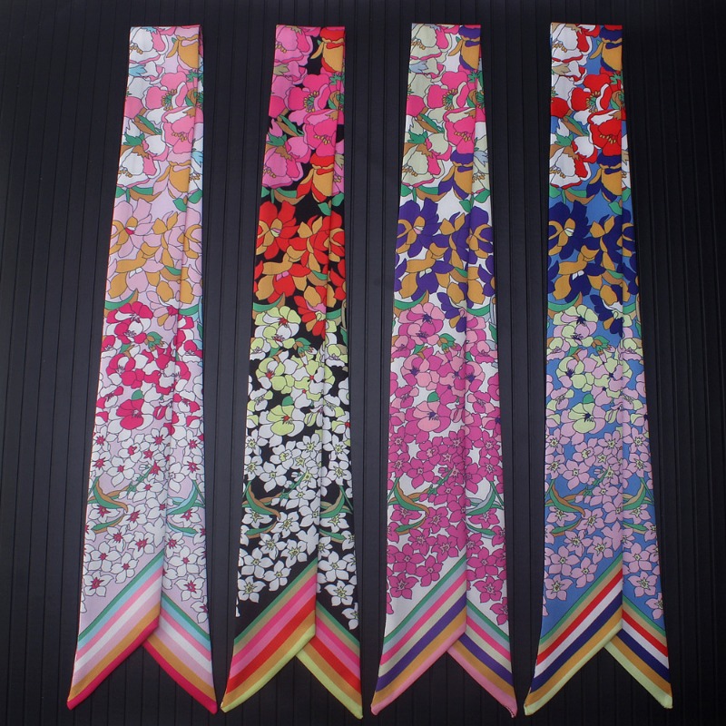 Foulard en soie sergé pour femmes, nouvelle mode, imprimé floral, cravate, foulard de tête, marque, poignée de sac, rubans, petites et longues, 2026