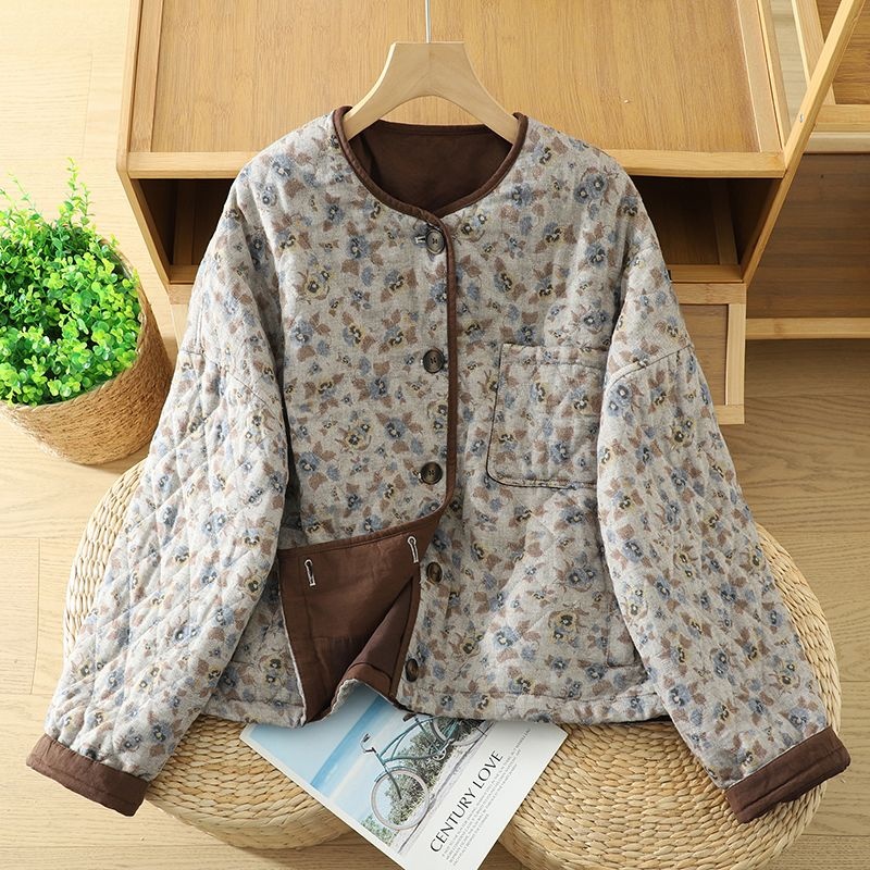 Veste en coton à fleurs rétro de Style coréen pour femmes, mode automne printemps 2026, haut matelassé court à col rond chaud w1519