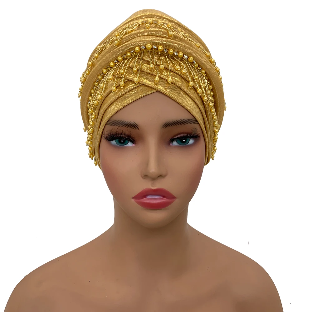 Turban Africain Élégant avec Glands et Perles pour Femme, Cravate de Sauna