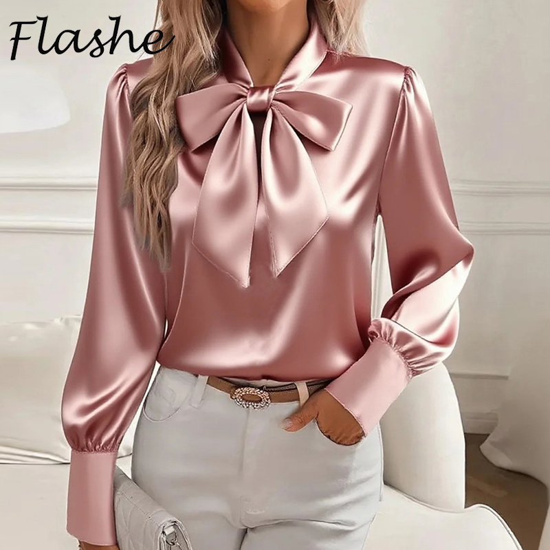 Mode à manches longues chemise en soie femmes mode printemps automne nouveau chemisier en Satin femmes nœud bureau hauts pull
