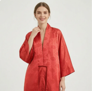 Cardigan long en satin pour femme, style vintage streetwear, imprimé floral rouge, manches chauve-souris, coupe ample et décontractée, collection été 2026