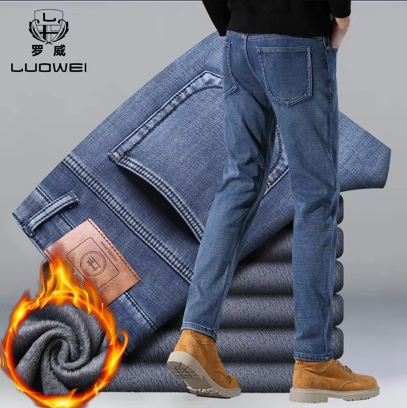 Jean pour homme de marque, chaud, automne-hiver, coupe droite ample, décontracté, en denim épais doublé polaire, taille élastique, pantalon long