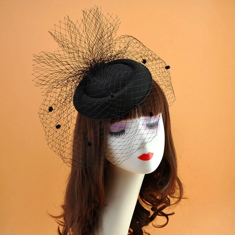 Petit chapeau haut-de-forme en voile noir, accessoires pour cheveux, matériel en laine rétro, coiffure de dîner, couvre-chef de mariée, bandeau, bijoux