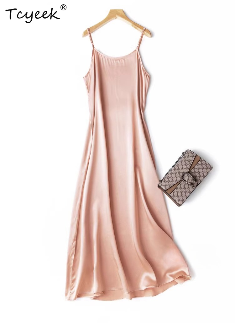 Tcyeek – robe sexy en soie de mûrier naturelle pour femmes, robes élégantes pour femmes, robe longue, vêtements d'été, couleur unie, 19MM