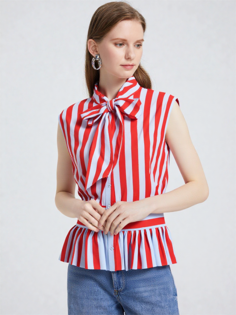 Chemisier Femme 2026 Nouvelle Collection Printemps-Été – Chemise Rayée Sans Manches à Nœud Papillon pour Femme – Style Décontracté Chic et Original – Marque de Chemisiers Féminins