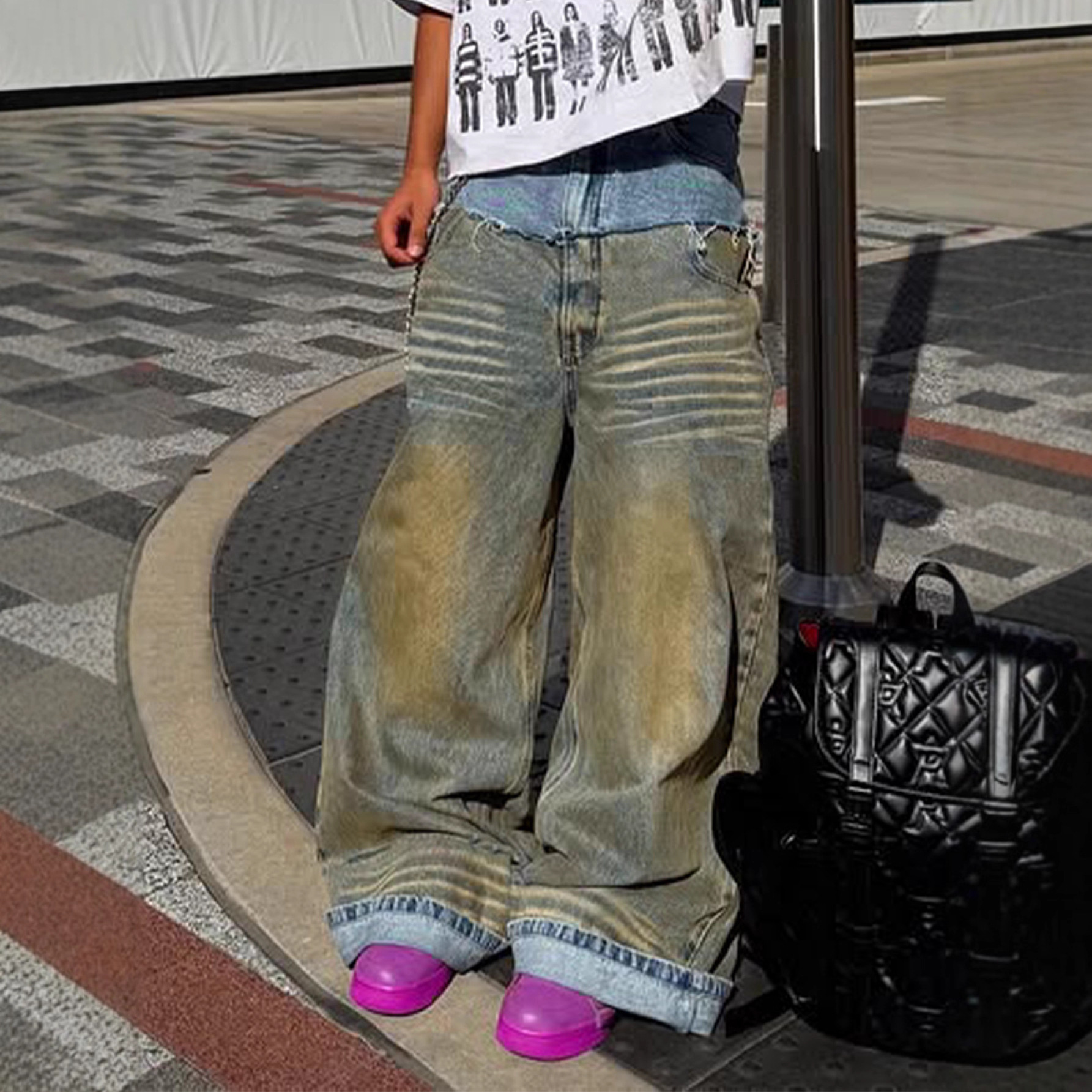 Hommes ample épissé décontracté quotidien à la mode jambe large Denim pantalon européen américain nouvelle mode mâle jean pantalon bas vêtements