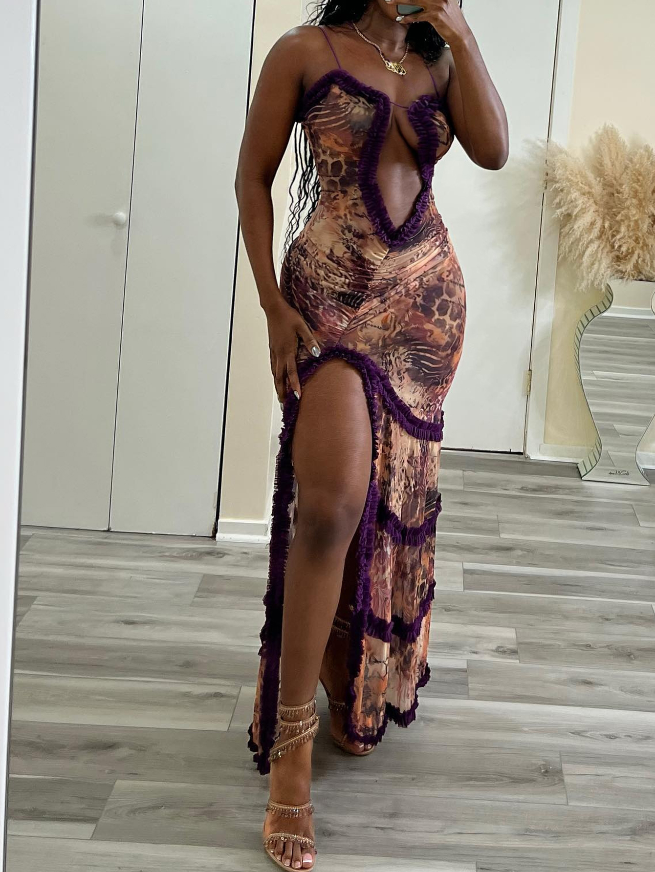Robe sexy pour femmes, ligne creuse, fente haute, robe fendue en dentelle plissée