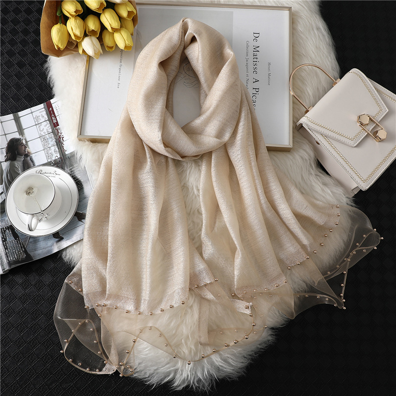 Mode nouvelles femmes soie coton mélange écharpe châle plaine doux sauvage perlé Turban Match luxe dames voyage Protection solaire foulards