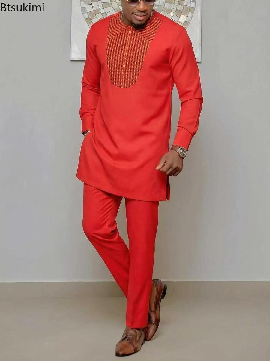 Ensemble deux pièces Kaftan pour homme, tenues de mariage Kaunda, vêtements ethniques africains traditionnels décontractés, vêtements musulmans, haut et pantalon pour homme, nouveauté