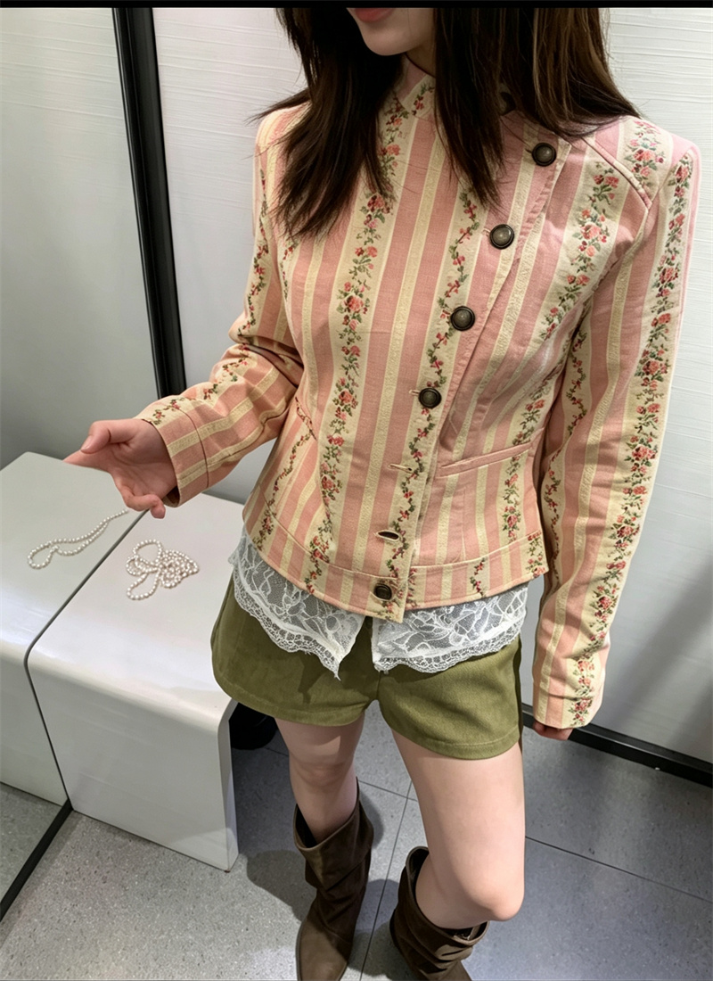 Veste à col montant pour femme Guobioziy, manches longues, manteau à rayures jacquard et motif floral, mode automne précoce