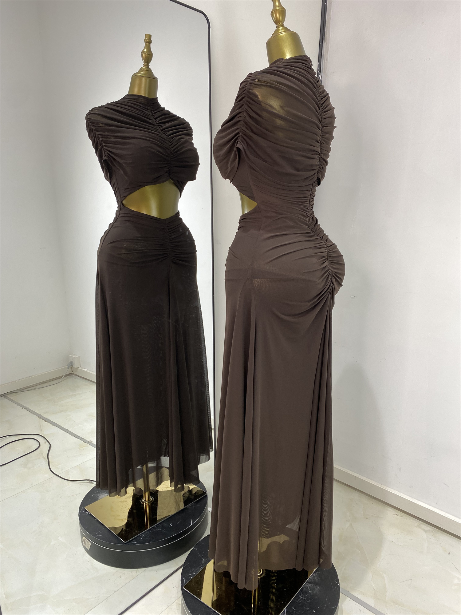 Robes de soirée femme élégante marron transparent drapé découpé Maxi robe longue douce confortable haute rue sortir robe de vacances