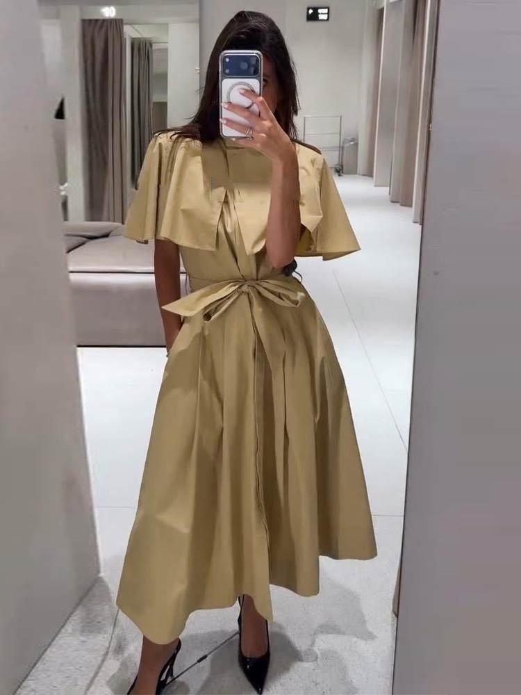 Robe midi à col cape pour femme, couleur kaki, col montant, taille ceinturée, manches courtes, coupe trapèze, nouvelle collection 2026, robes longues élégantes pour le bureau et les occasions décontractées