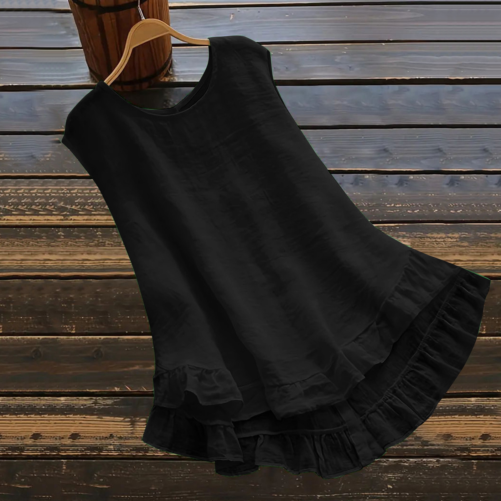 Femmes coton lin débardeur solide col rond sans manches dos Blouse élégant col rond à volants garniture haut Blusas Elegante Feminina