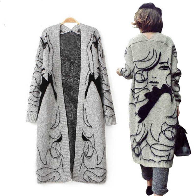 Pull long élégant pour femme, manteau chaud, cardigans à imprimé figure, mode féminine, vêtements d'hiver, 2023