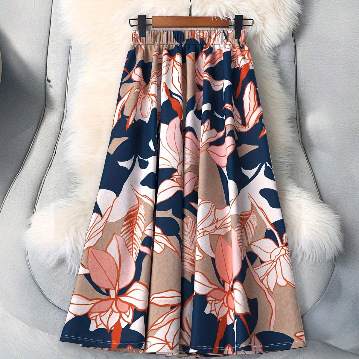 Jupe mi-longue à taille haute élastique à imprimé floral pour femmes, jupe plissée fluide, style bohème vintage élégant pour le bureau, printemps-été