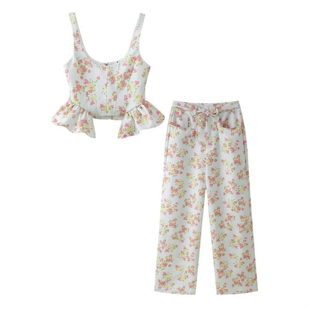 Ensemble pantalon et gilet sans manches pour femme, chic, imprimé floral, avec haut court à volants, décontracté, sexy, pantalon large, tenue d'été