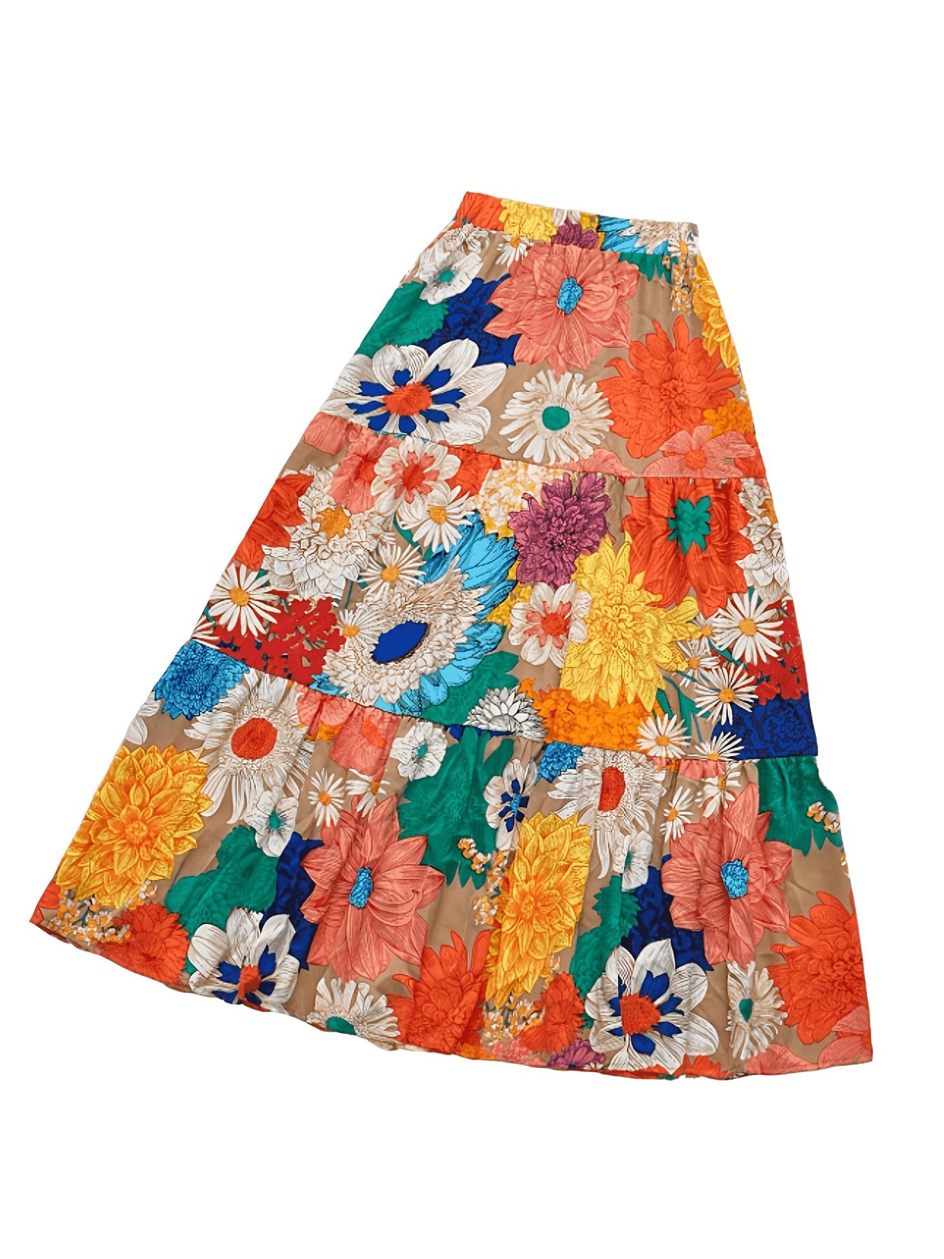 Ensemble 2 pièces pour femme à imprimé floral vibrant, avec haut court à nœud sur l'épaule et jupe longue à volants, idéal pour les vacances à la plage et les soirées estivales