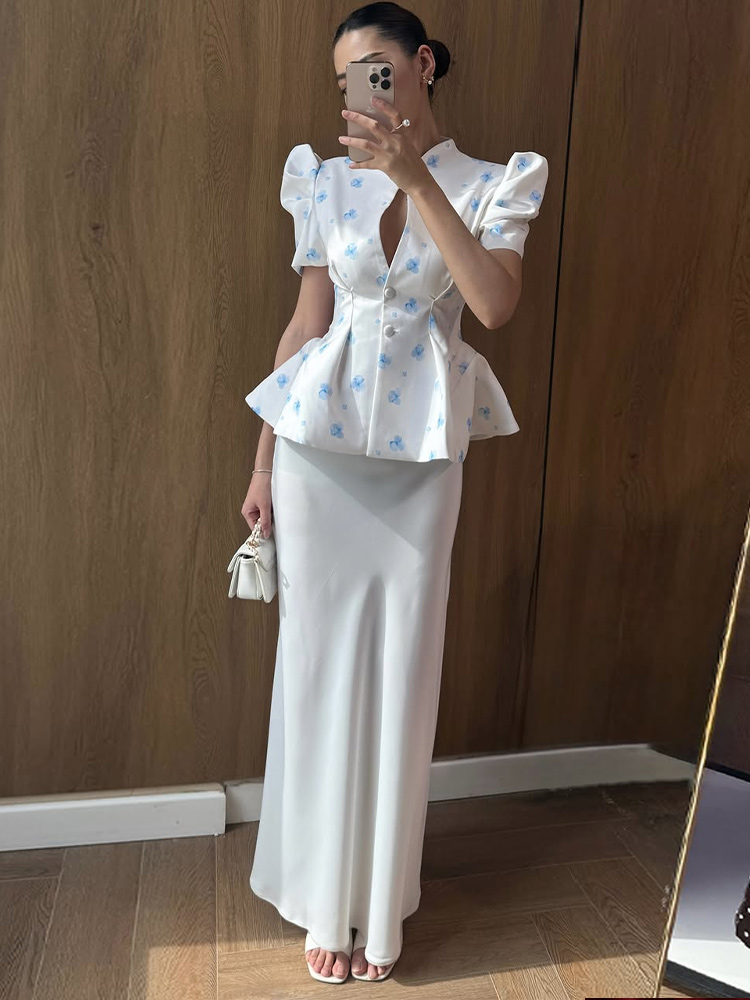 Chemisier ajusté imprimé décontracté pour femme, col montant, manches courtes bouffantes, simple boutonnage, nouvelle collection été 2026, hauts chics et tendance