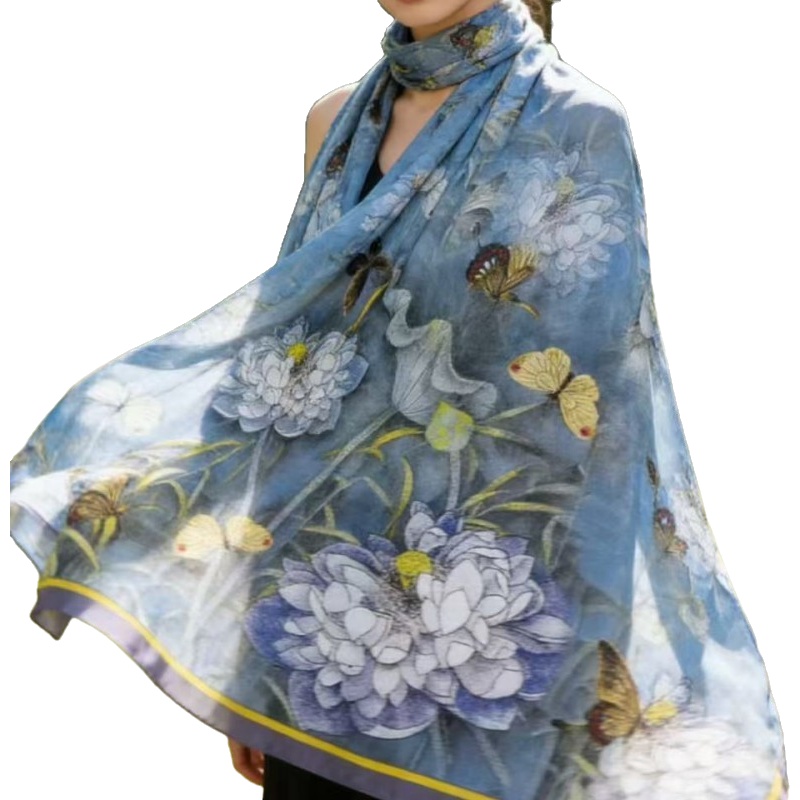 Écharpe en soie à imprimé floral haut de gamme pour femme, longue écharpe double face, style coréen, soie Xiangyun, style chinois, écharpe à fleurs découpées