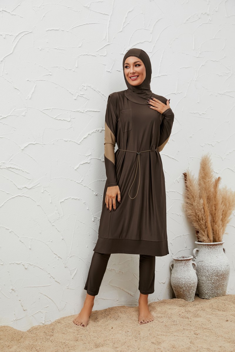 Maillot de bain musulman pour femme, ensemble 3 pièces, robe modeste, pantalon taille haute, hijab, col rond, couvrant entièrement le corps