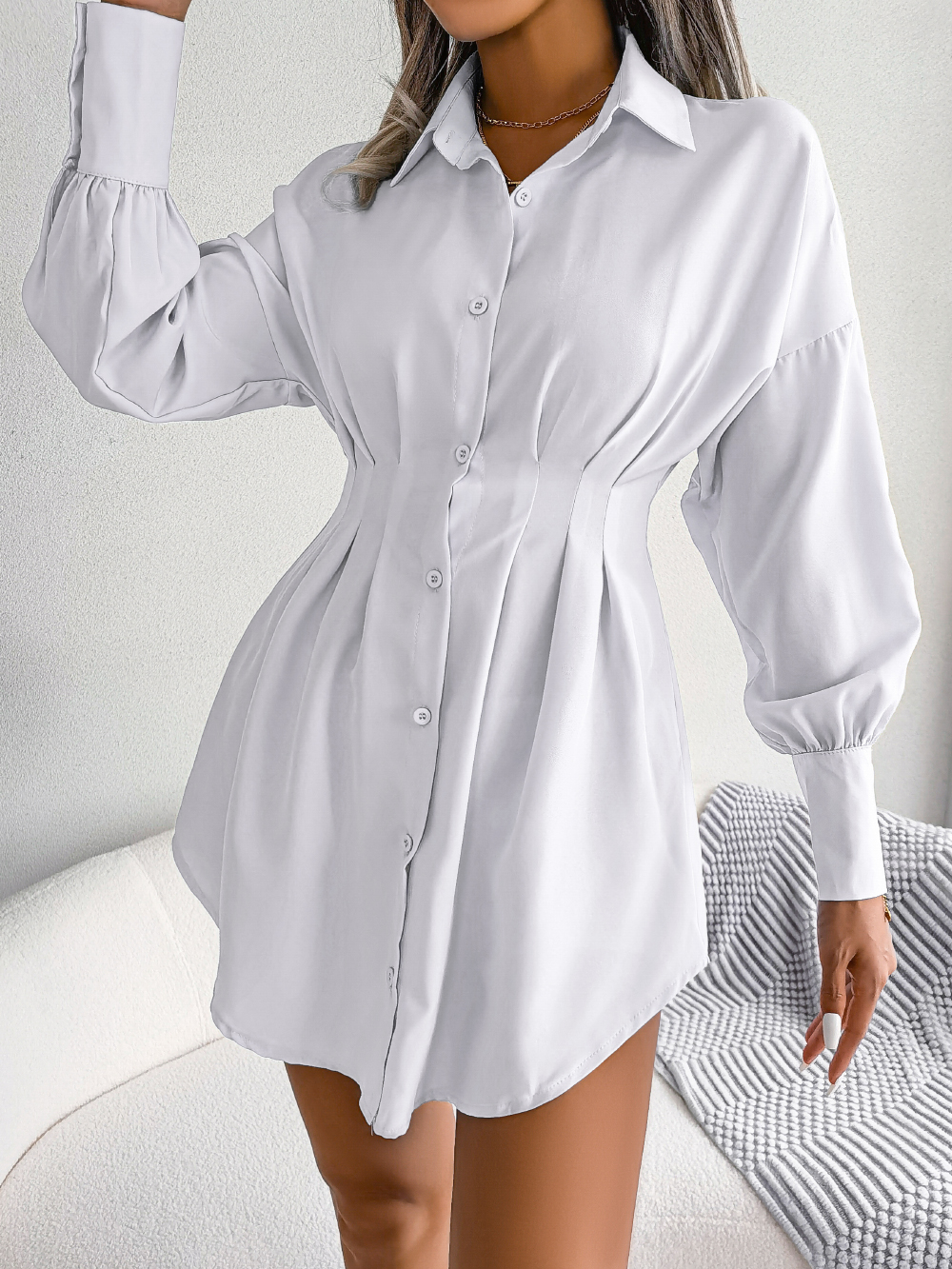 Femmes décontracté boutons à manches longues chemise robe automne 2026 couleur unie revers Mini robe blanc bleu armée vert femme vêtements