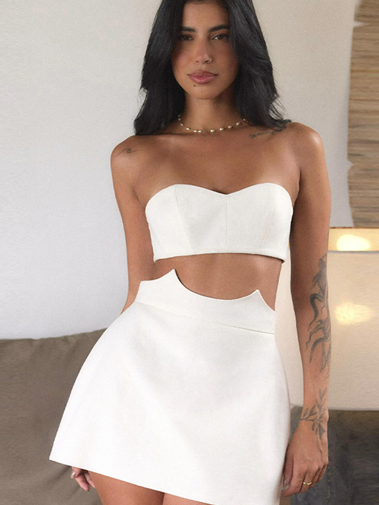 Ensemble deux pièces sexy pour femme, débardeur court à découpes et mini-jupe taille haute coupe trapèze, nouvelle tenue d'été pour soirée, club ou vacances