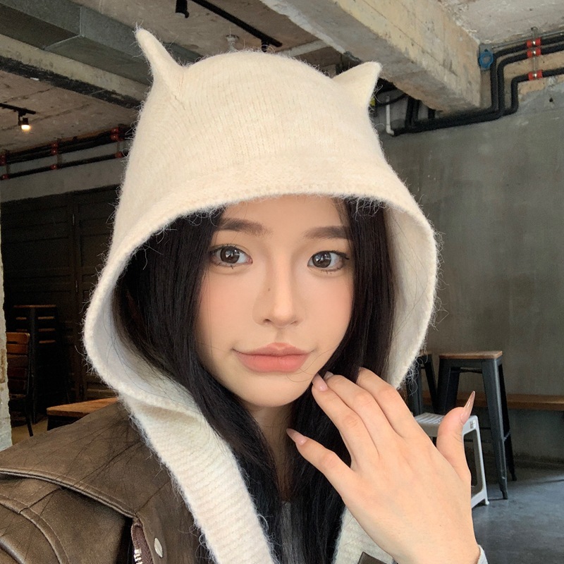 Chapeaux de cagoule en laine mélangée pour femmes, bonnets Show Face, petit design d'oreille de chat mignon, bonnet chaud pour la protection des oreilles, nouveau, hiver