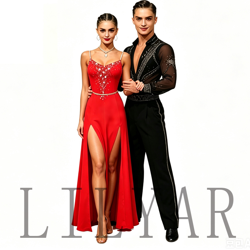 Nouvelle robe de flamenco rouge à fente haute pour performance, robe de danse Rumba brillante avec grande jupe pour concours de danse latine