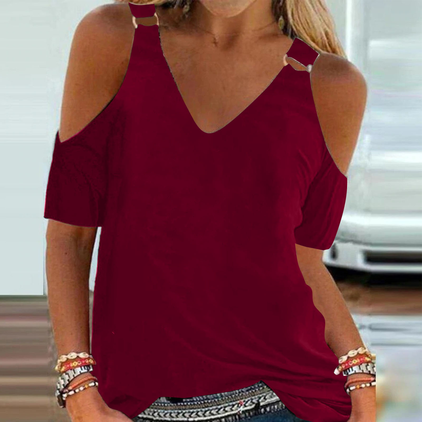 Chemisier décontracté d'été pour femme, haut à épaules dénudées, col en V, couleur unie, t-shirt à manches courtes, vêtements pour femme