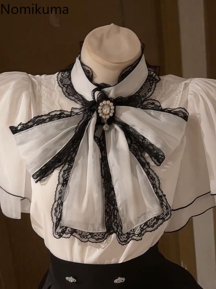 Vêtements japonais pour femmes, ensemble 2 pièces, chemisier à manches évasées avec nœud, taille haute, jupe plissée trapèze, costume de tempérament, tenues d'été