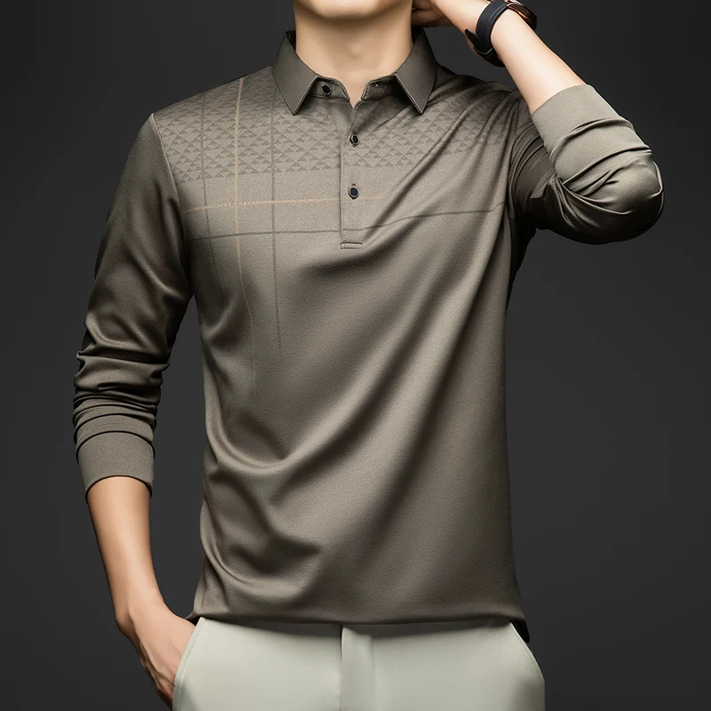 BROWON marque de luxe élégant formel Polo t-shirts hommes conception graphique à manches longues col de chemise bureau travail Polo hauts homme vêtements