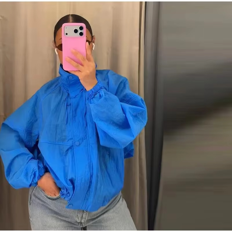 Veste pour femme 2026 Nouvelle collection été – Veste ample en nylon bleu à manches longues, plissée, avec cordon de serrage décoratif, style décontracté et polyvalent
