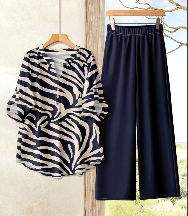 Ensemble pantalon imprimé décontracté pour femmes, t-shirt à manches mi-longues, boutons amples, jambes larges, ensemble deux pièces, vêtements de transport pour dames