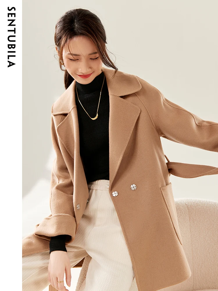 SENTUBILA Manteaux d'hiver en laine pour femmes, élégants, à col rabattu, double face, à points ouverts, manteau de travail pour femme W54OA3299X