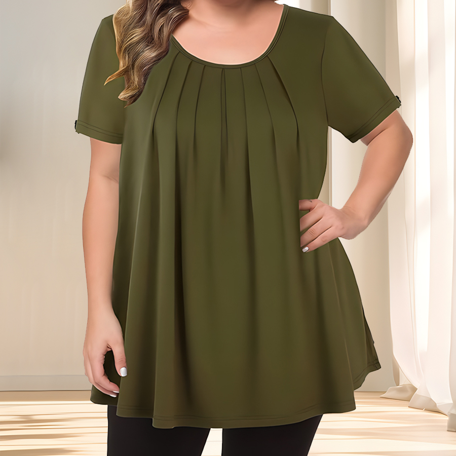 [Chemisier élégant grande taille] chemisier décontracté à manches courtes et col rond pour femme en polyester léger, grande taille |   Couleur unie, subtil S