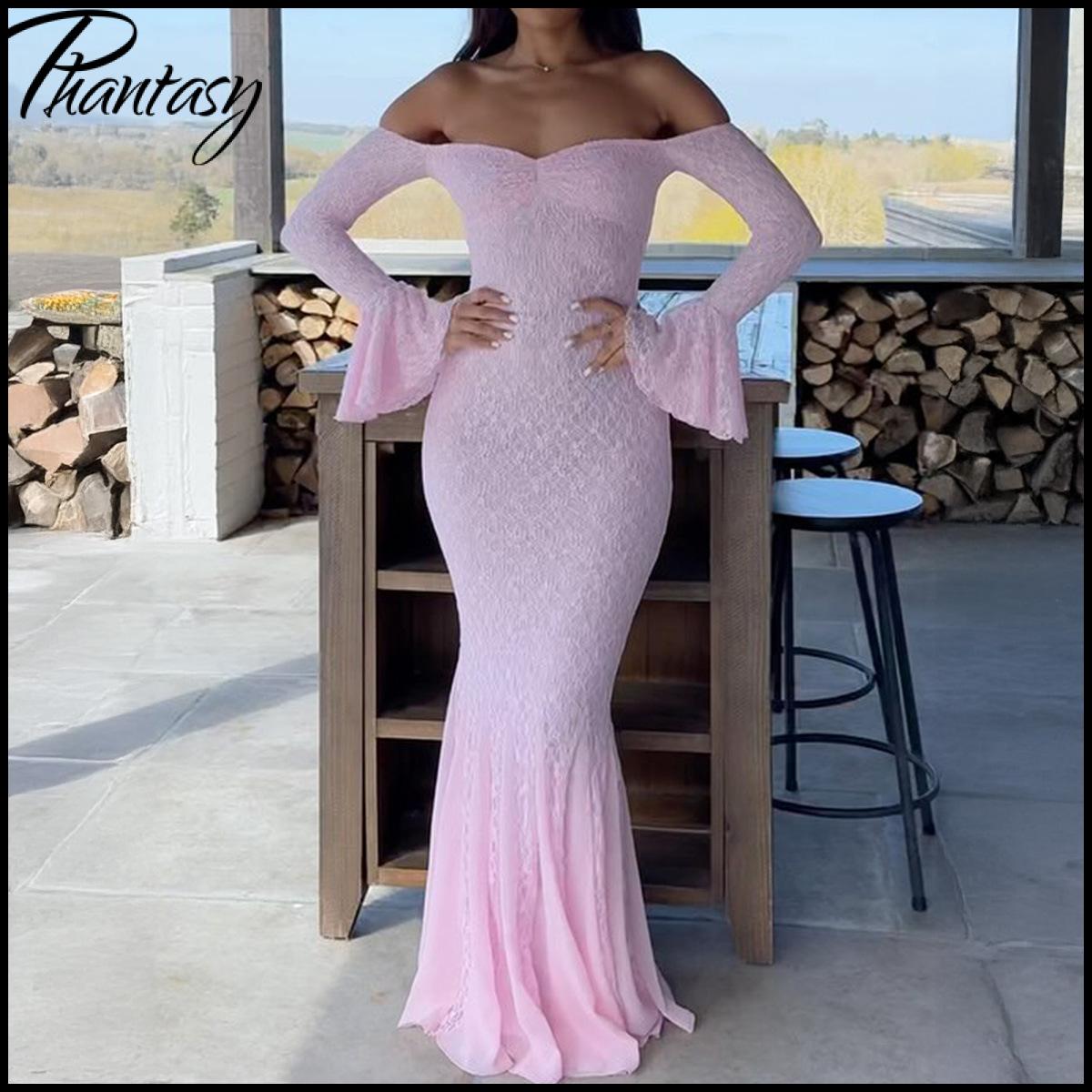 Robe longue élégante de style français rose pour femmes, robe à manches longues en dentelle, robe de soirée, robe de mariage, tenue de printemps-été pour femmes