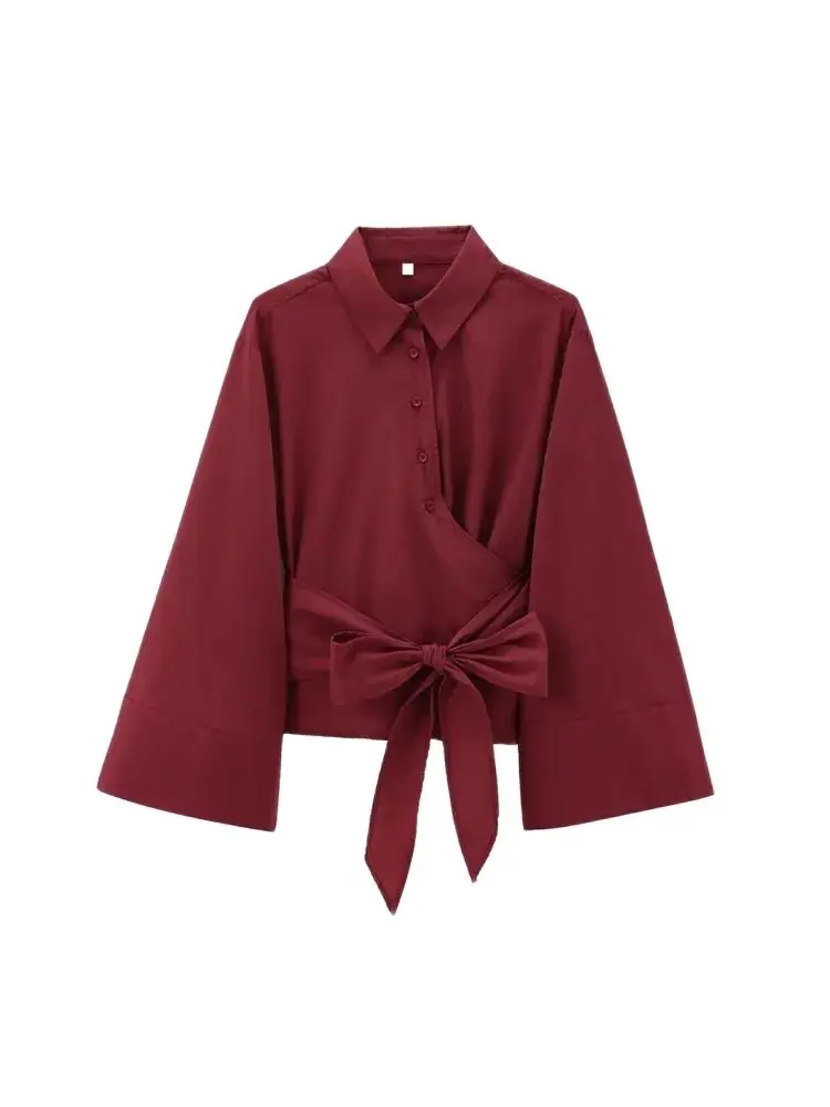 Chemisiers kimono à manches longues pour femmes avec nœud papillon, boutons sur le devant, chemises féminines, tops chics, mode