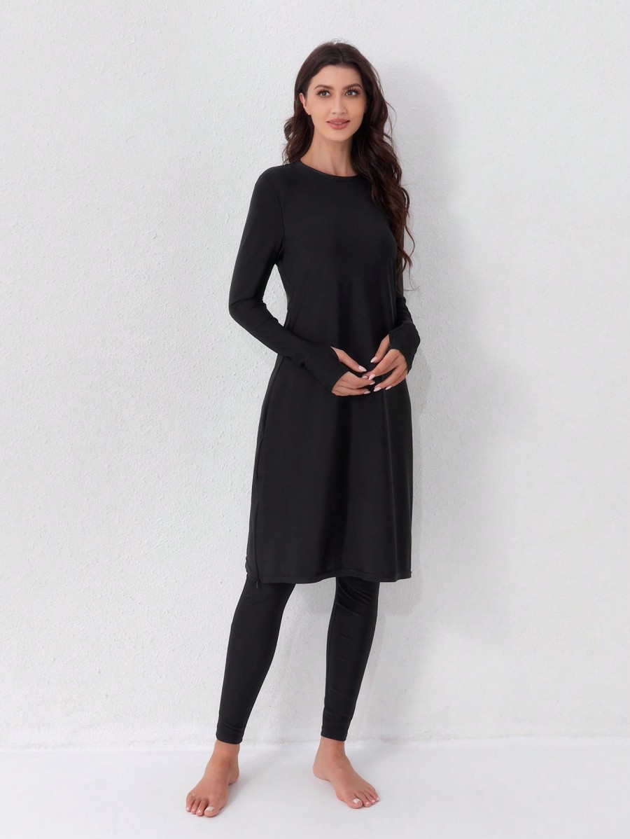 Maillot de bain décontracté pour femmes musulmanes, ensemble deux pièces, maillot de bain à col rond, style conservateur, boucle de doigt, robe noire, pantalon taille haute