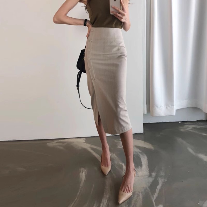 Jupe crayon mi-longue fendue taille haute pour femme en coton et lin, élégante pour le bureau